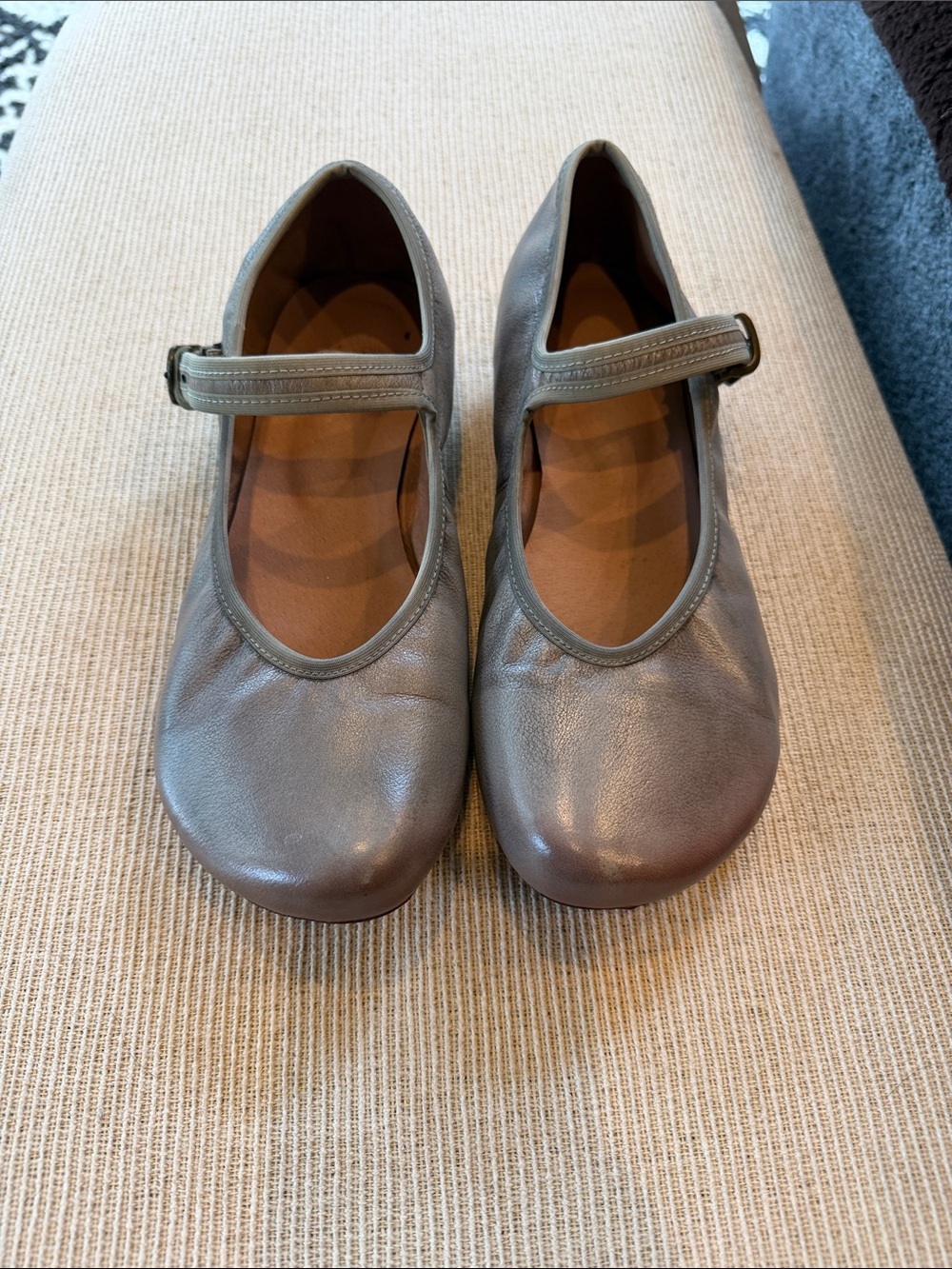 Women’s Gray Mary Jane Leather Flats with Adjustable Strap Korean Brand